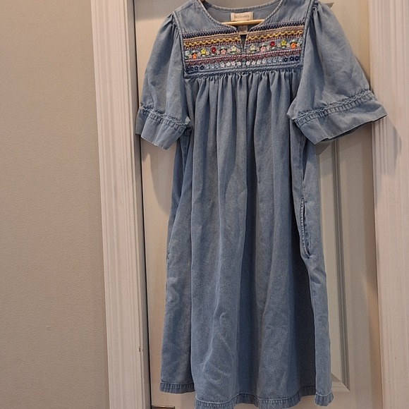 Bechamel Denim Dress Sm Blue Embroidered Floral Boho Oversized Midi Cottagecore - Picture 3 of 9